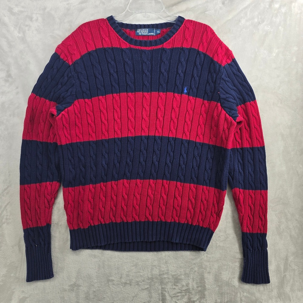 Polo Ralph Lauren Mens Red Navy Stripe Cable Knit Sweater XL Cotton